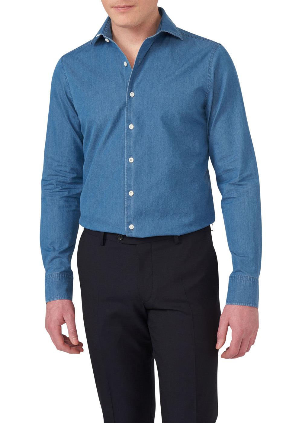Slim Fit Cut Away Denim Shirt - Denim Blue - Image 3