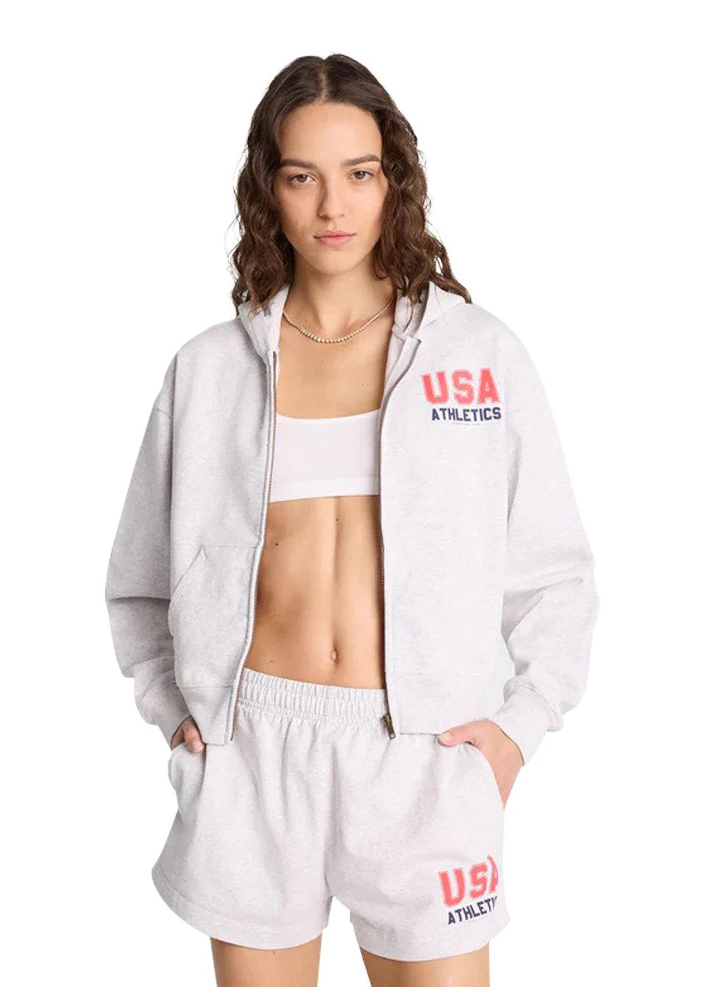 USA Athletics Cropped Zip Hoodie - Heather Gray - Image 5