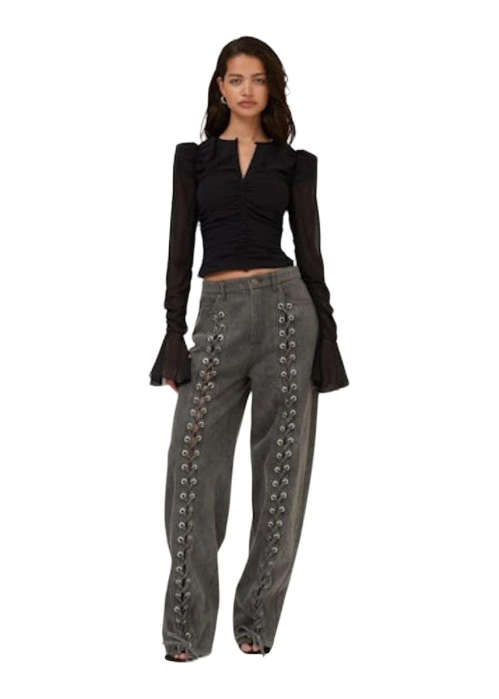 Denim Laced Leg Pants - Black - Image 4