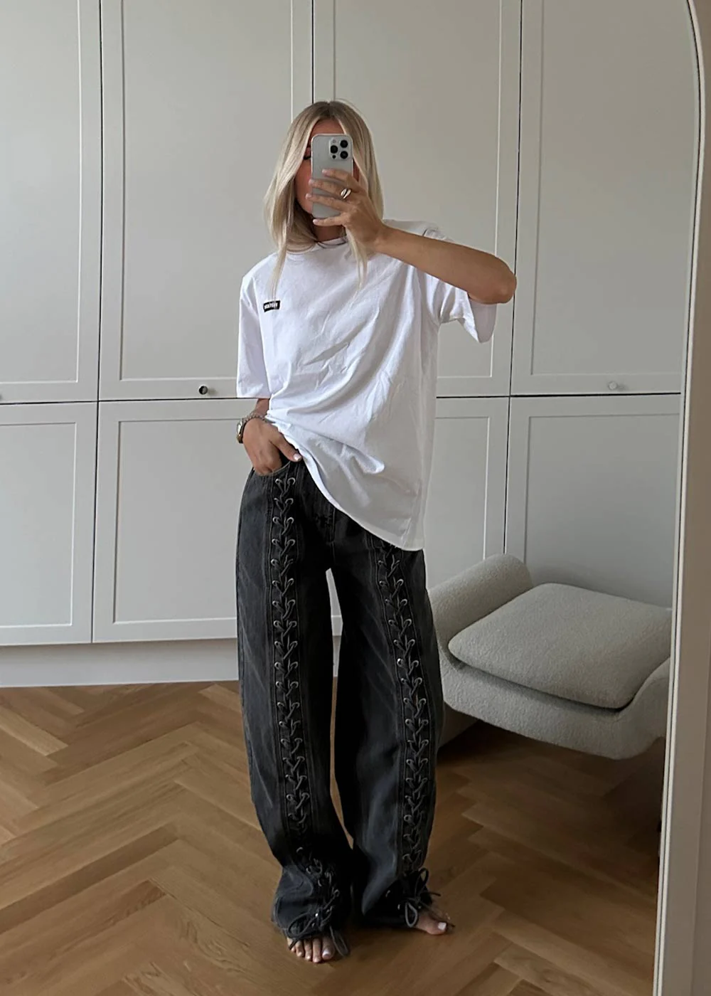Denim Laced Leg Pants - Black - Image 6