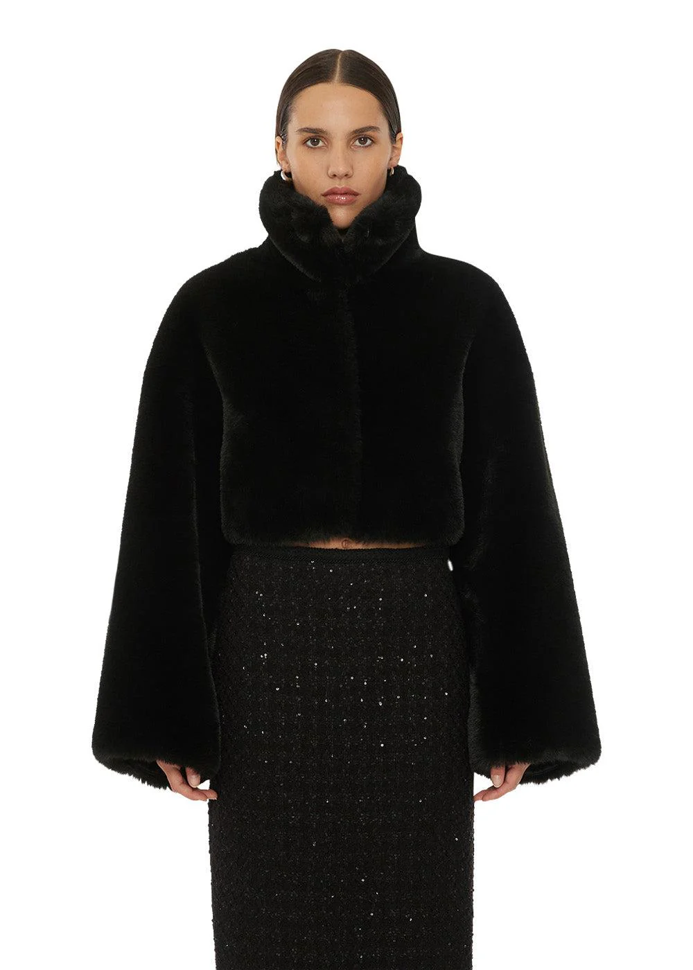 Faux Fur Crop Jacket - Black - Image 3