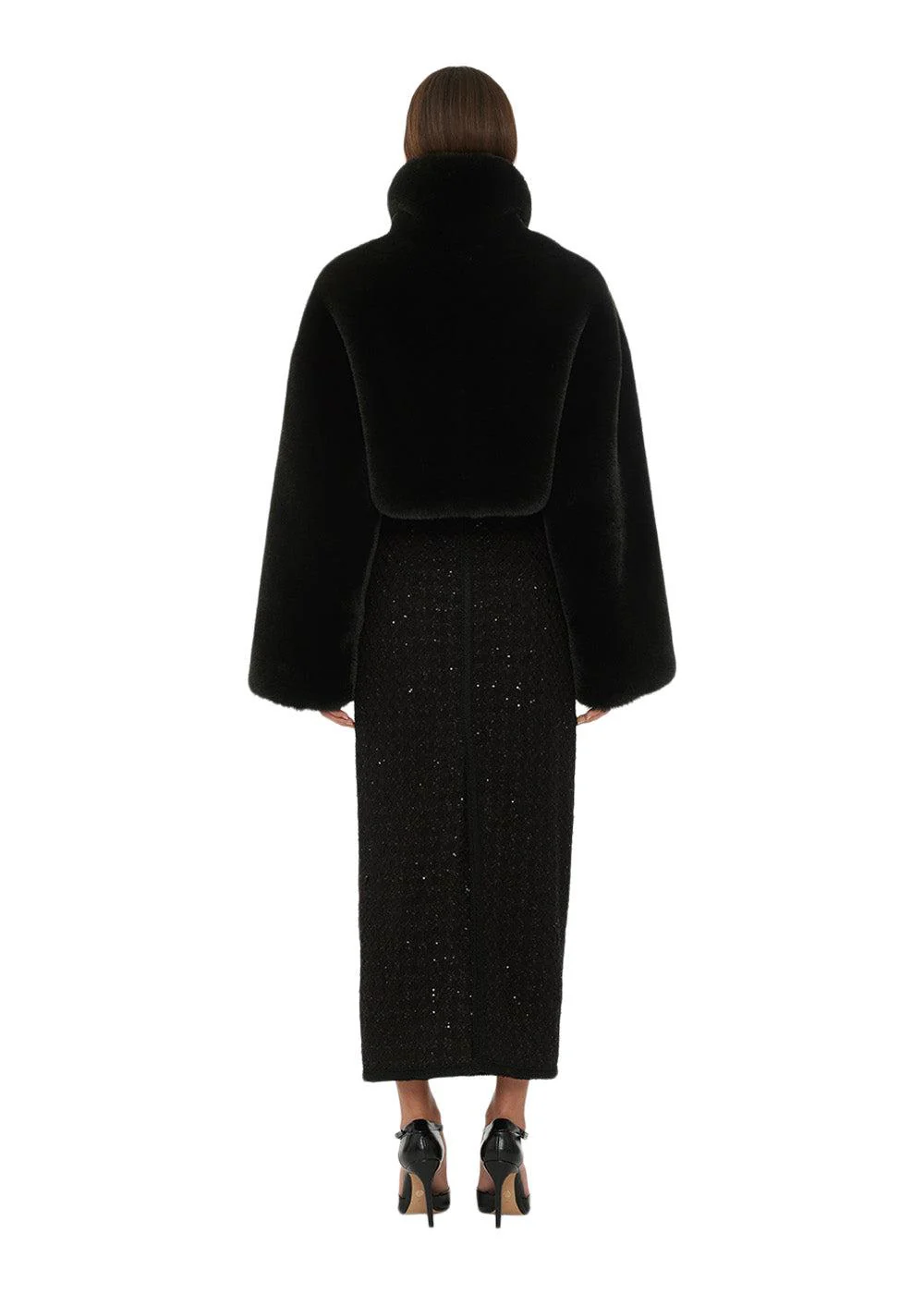 Faux Fur Crop Jacket - Black - Image 4