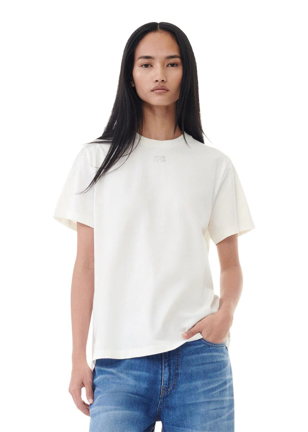 Basic Jersey Rhinestone Relaxed T-shirt - Egret - Image 3
