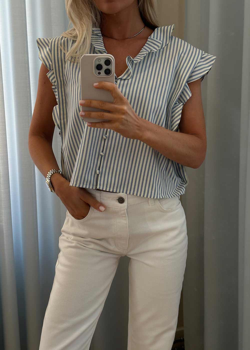 Nikkomd top - White Blue Stripe - Image 3