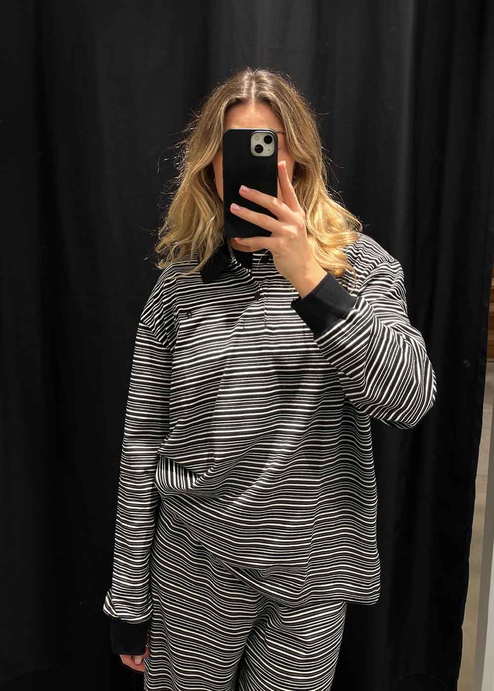 Steffi Oversized Polo - Black/Off White Stripe - Image 2