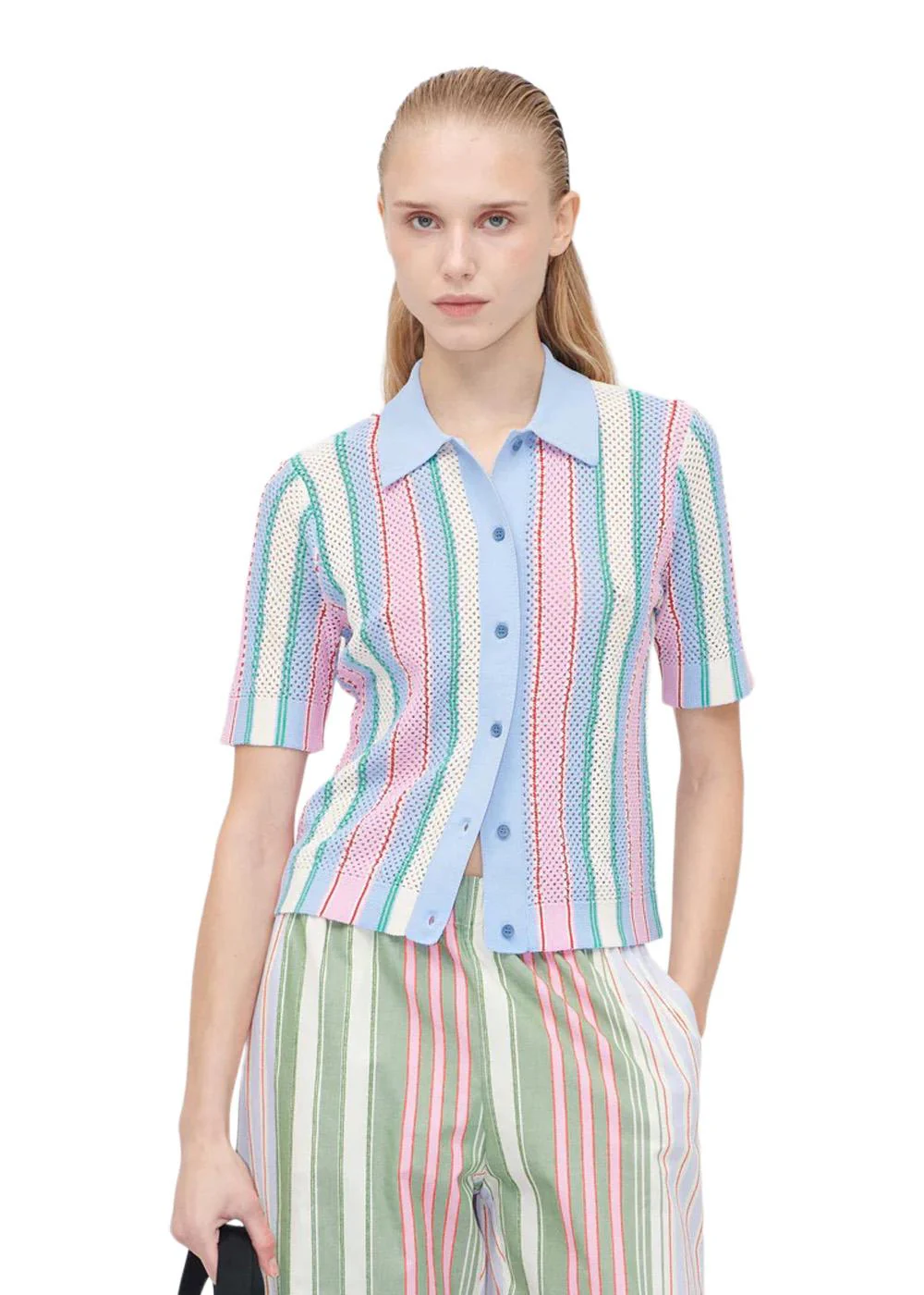 SHORT SLEEVE CROCHET POLO - Pastel Stripes - Image 4