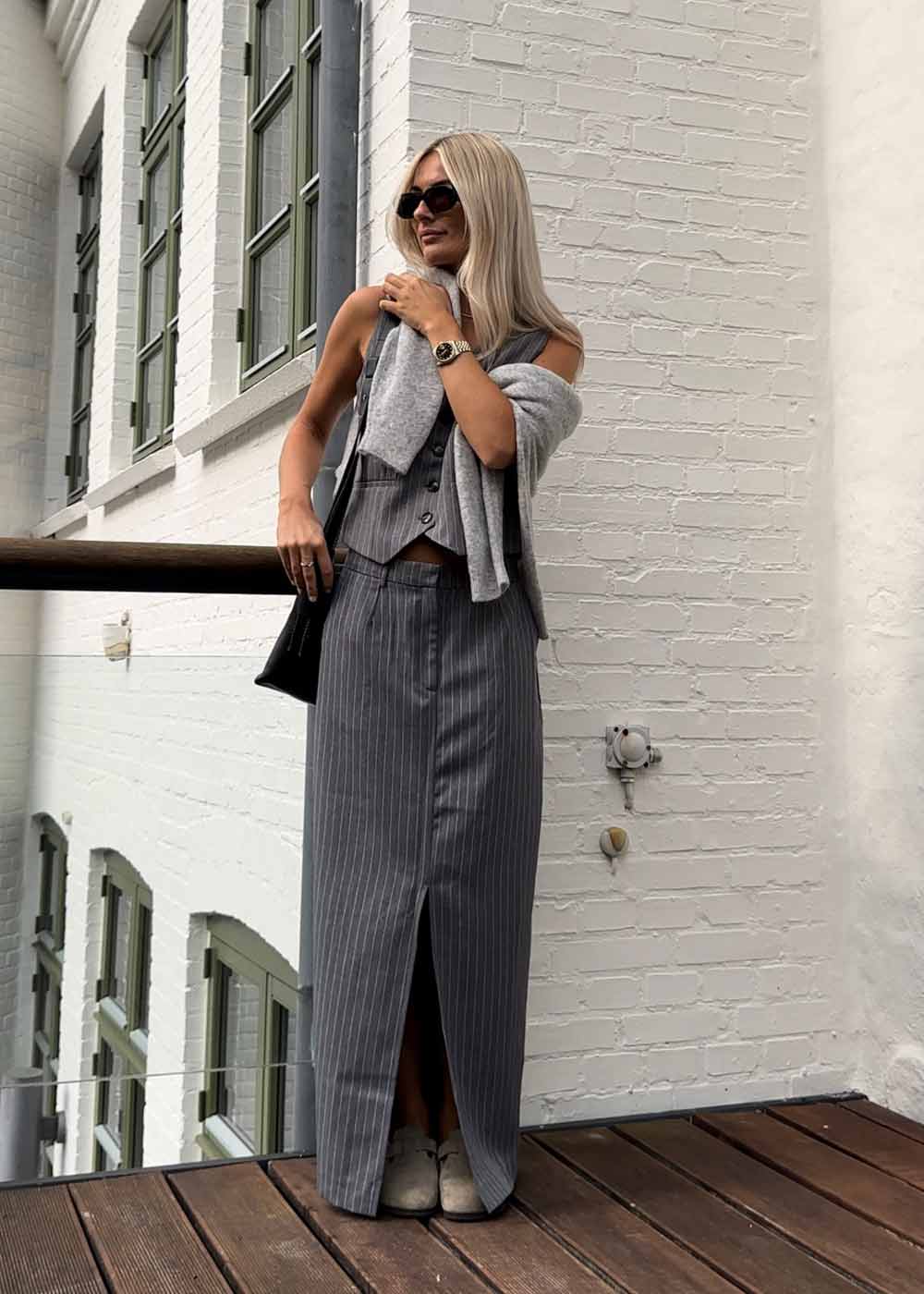 Leland Pinstripe Skirt - Grey Melange - Image 2