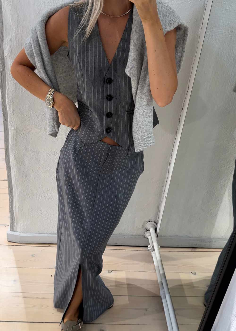 Leland Pinstripe Skirt - Grey Melange - Image 6