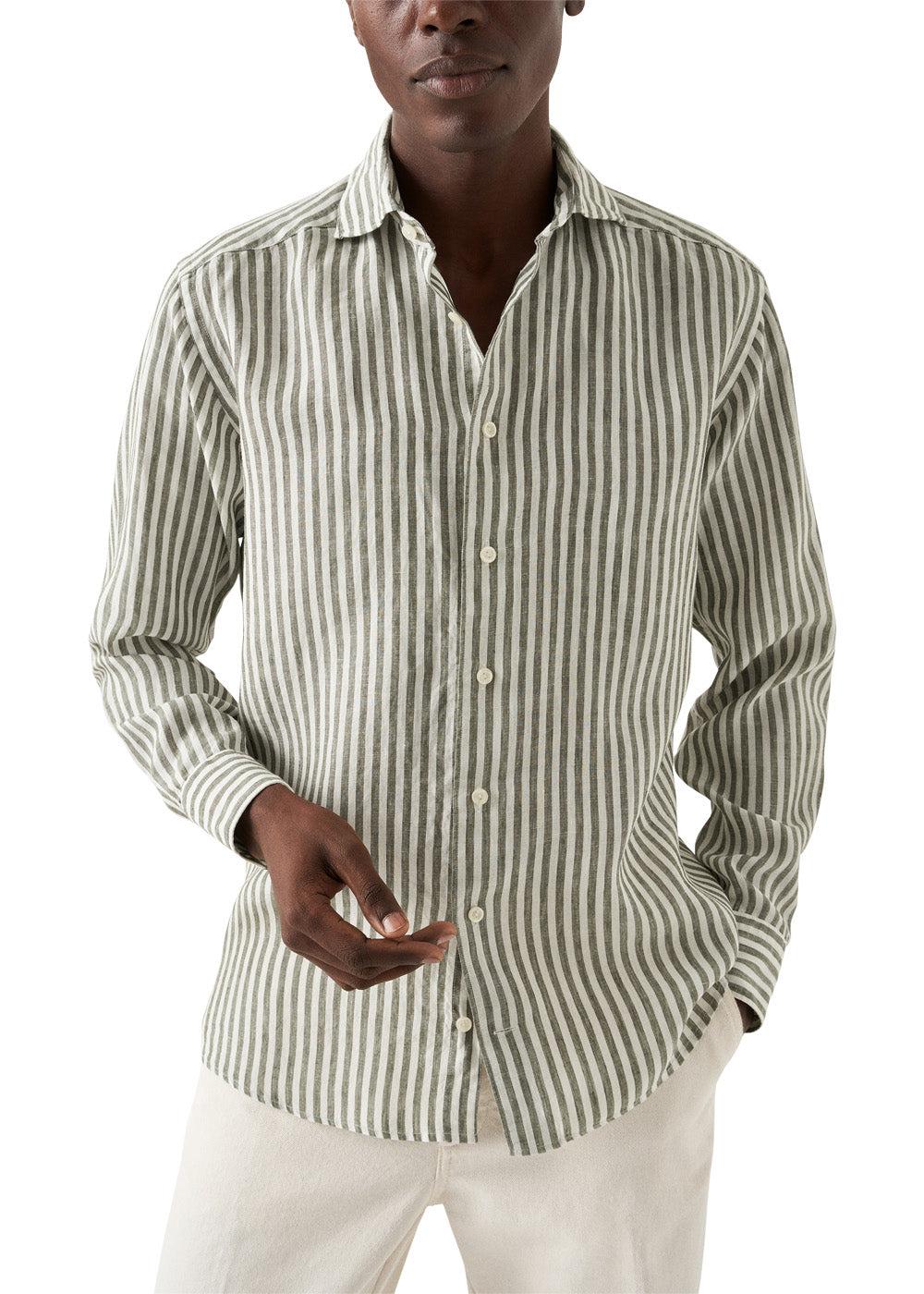Slim Stripped Linen Shirt - Green - Image 2