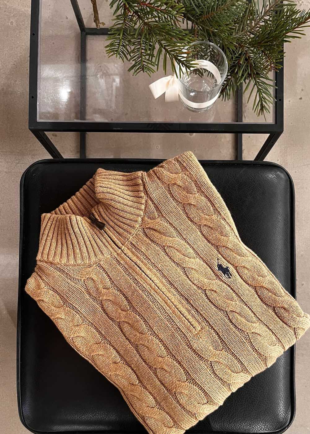 Cable Knit Cotton Quater Zip Sweater - Brown - Image 3