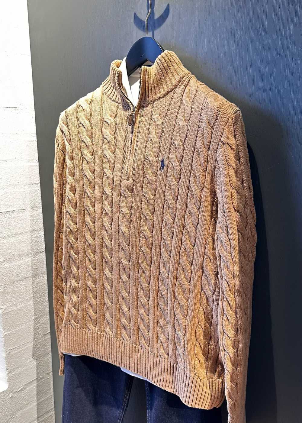 Cable Knit Cotton Quater Zip Sweater - Brown - Image 4