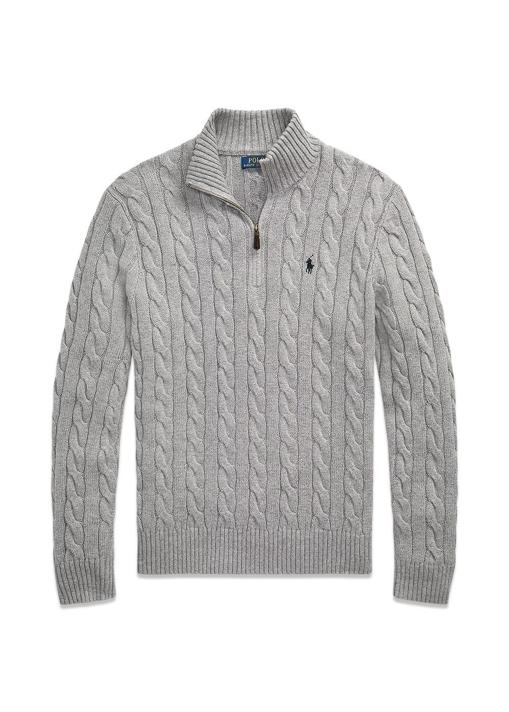Cable Knit Cotton Quater Zip Sweater - Grey