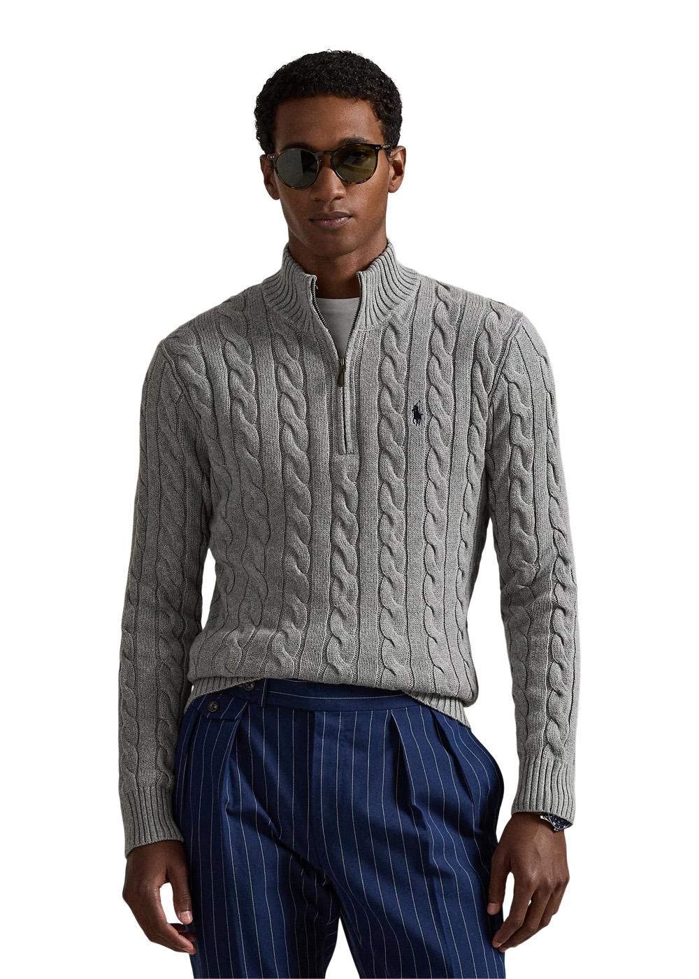 Cable Knit Cotton Quater Zip Sweater - Grey - Image 2