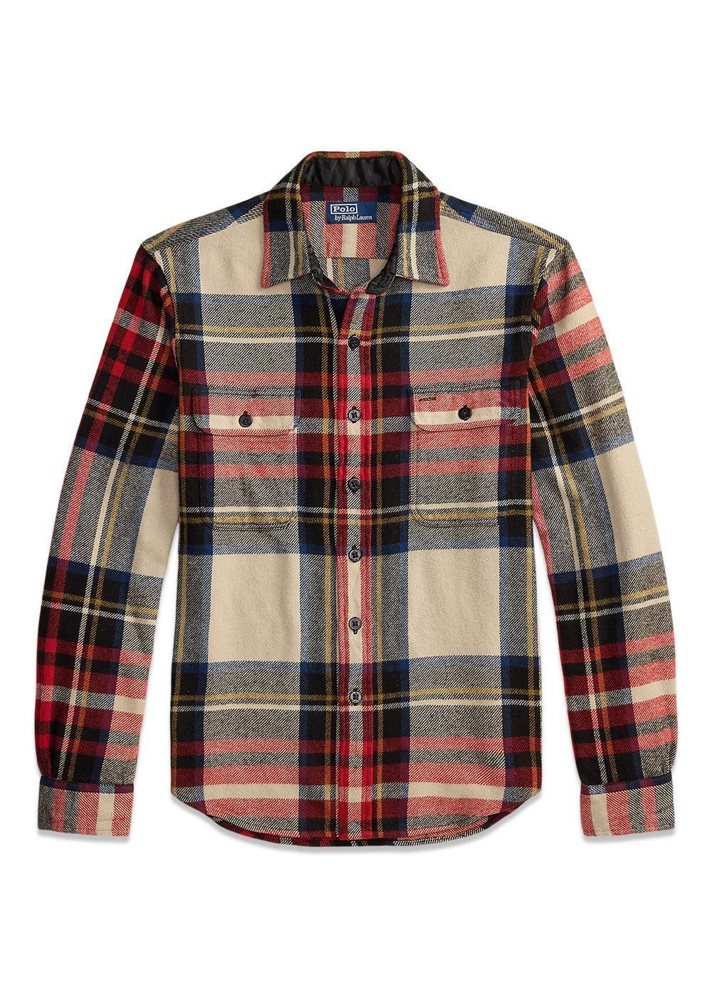 Classic Fit Plaid Flannel Workshirt - Cream Red Multi
