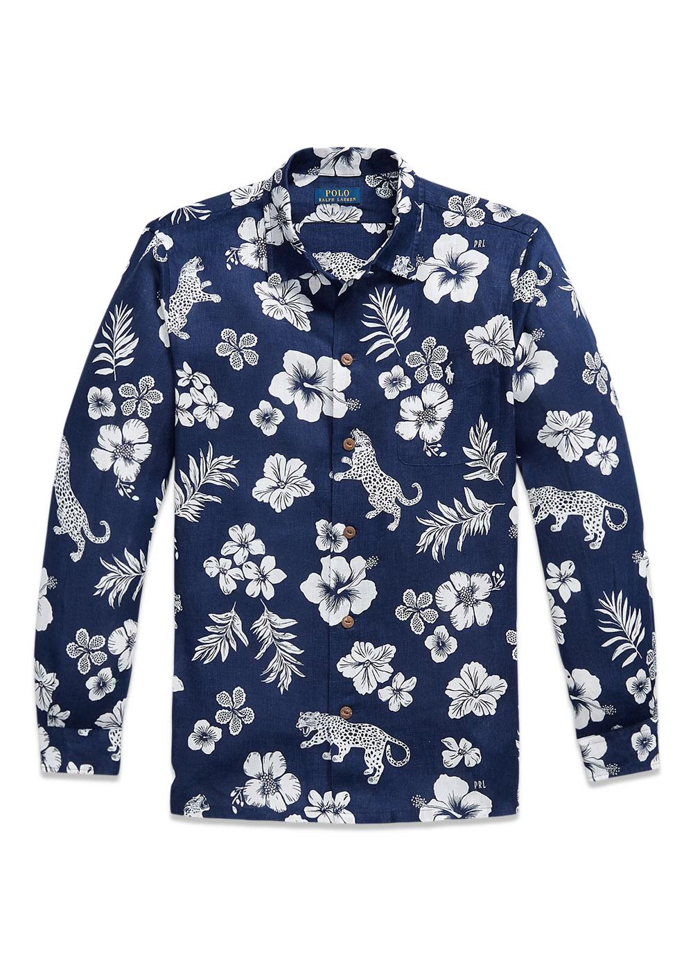 Classic Fit Tropical Linen Camp Shirt - Blue