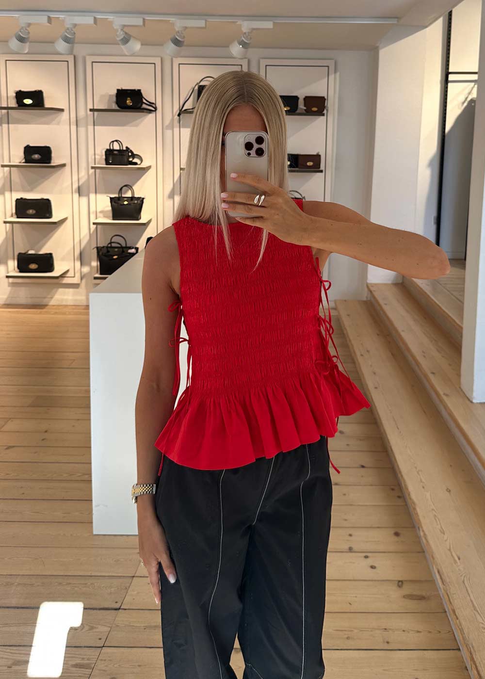 Cotton Poplin Smock Tie String Top - Racing Red - Image 2