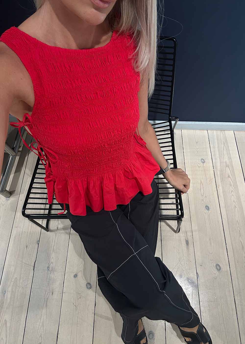 Cotton Poplin Smock Tie String Top - Racing Red - Image 4