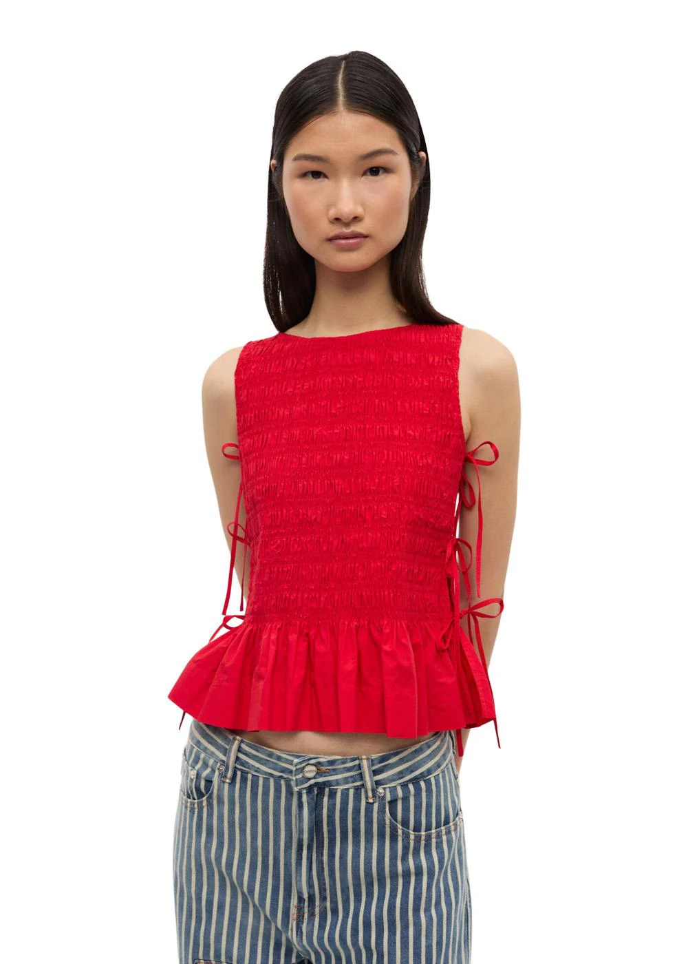 Cotton Poplin Smock Tie String Top - Racing Red - Image 5