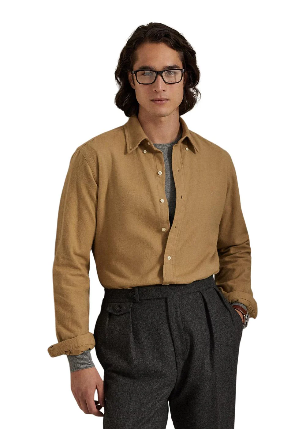 Custom Fit Brushed Flannel Shirt - Khaki - Image 2