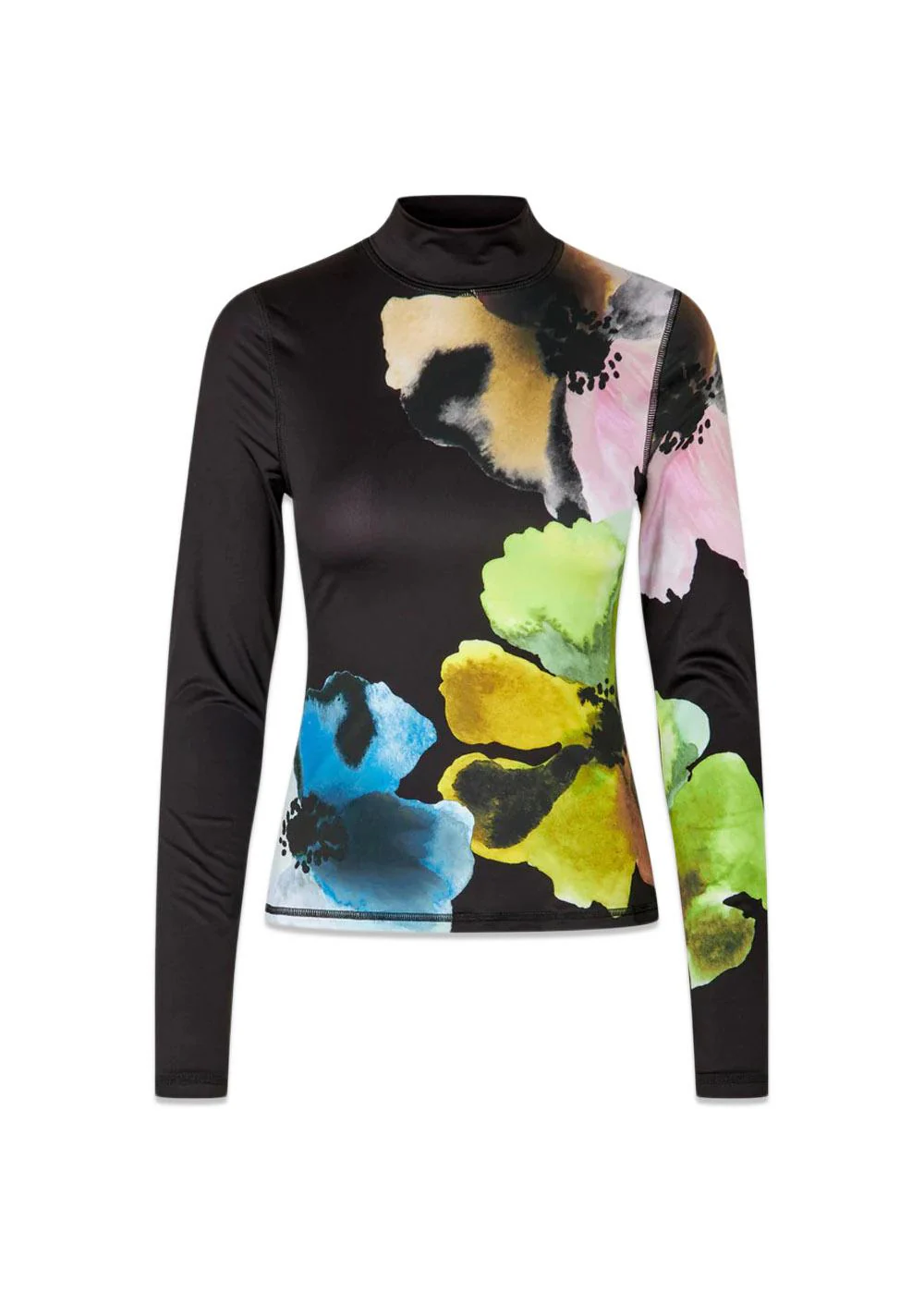 Elastic High Neck Collared Top - Watercolor Bloom Maxi