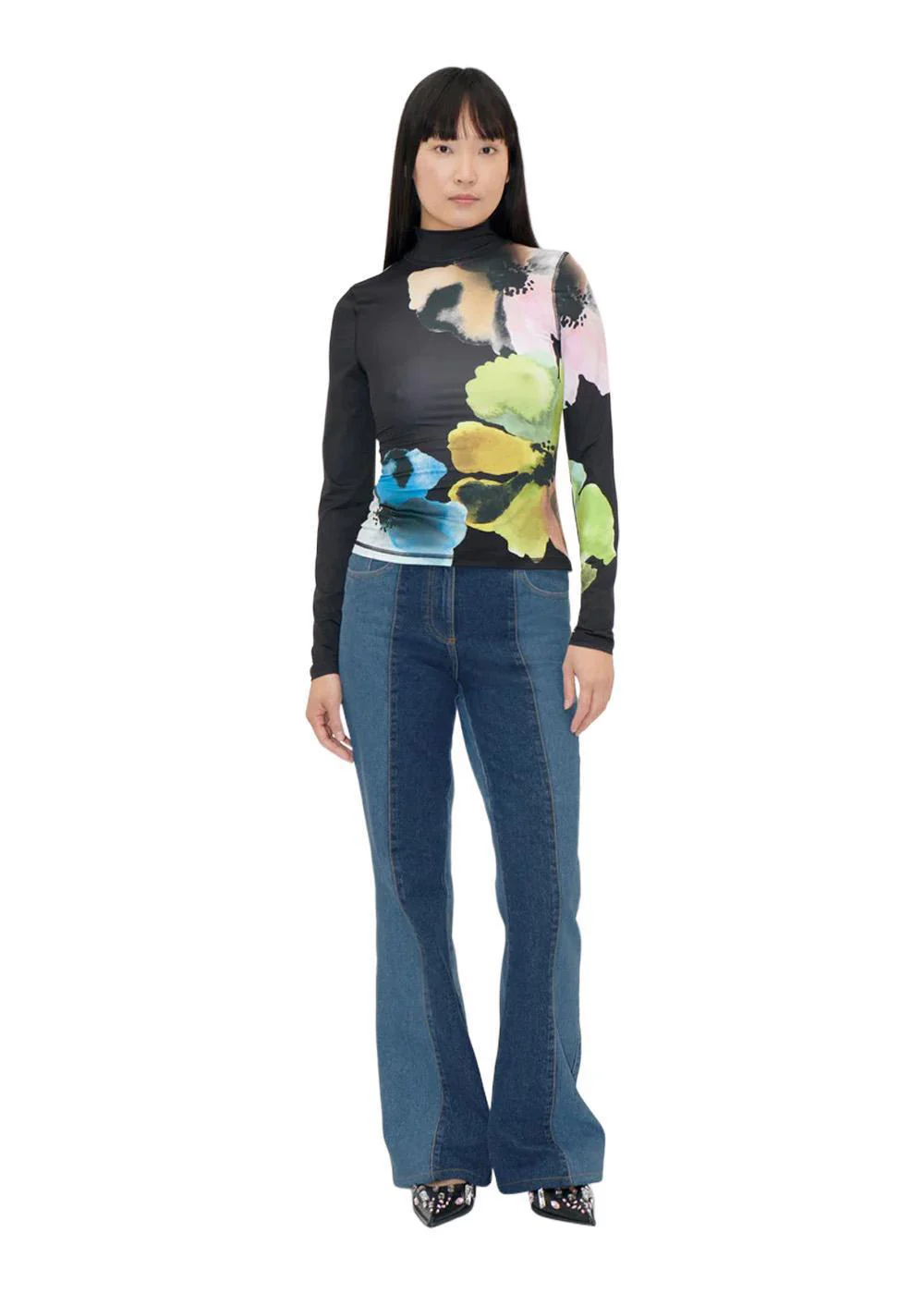 Elastic High Neck Collared Top - Watercolor Bloom Maxi - Image 3