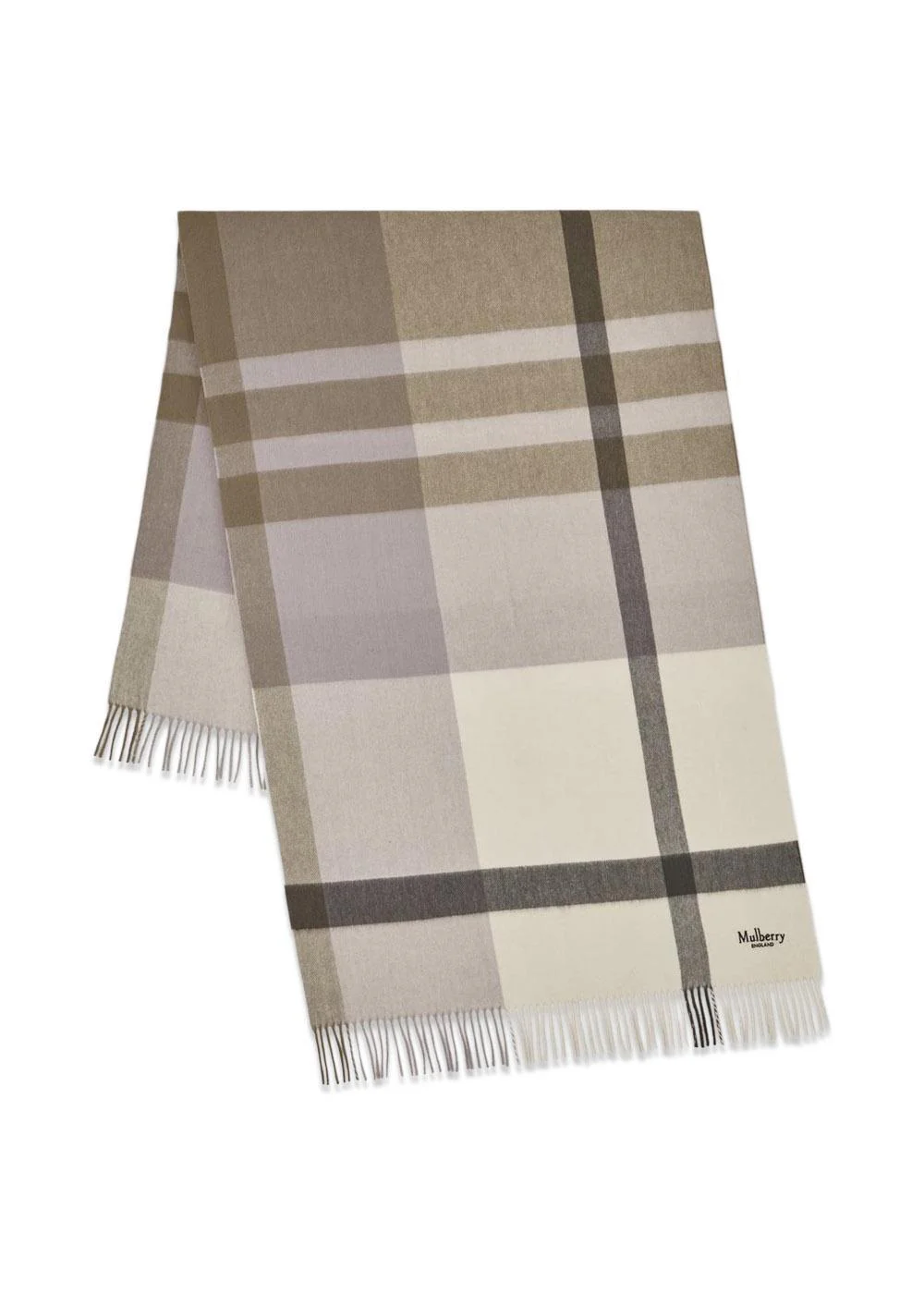 Large Check Merino Wool Scarf 70 x 200 - Eggshell-Olive