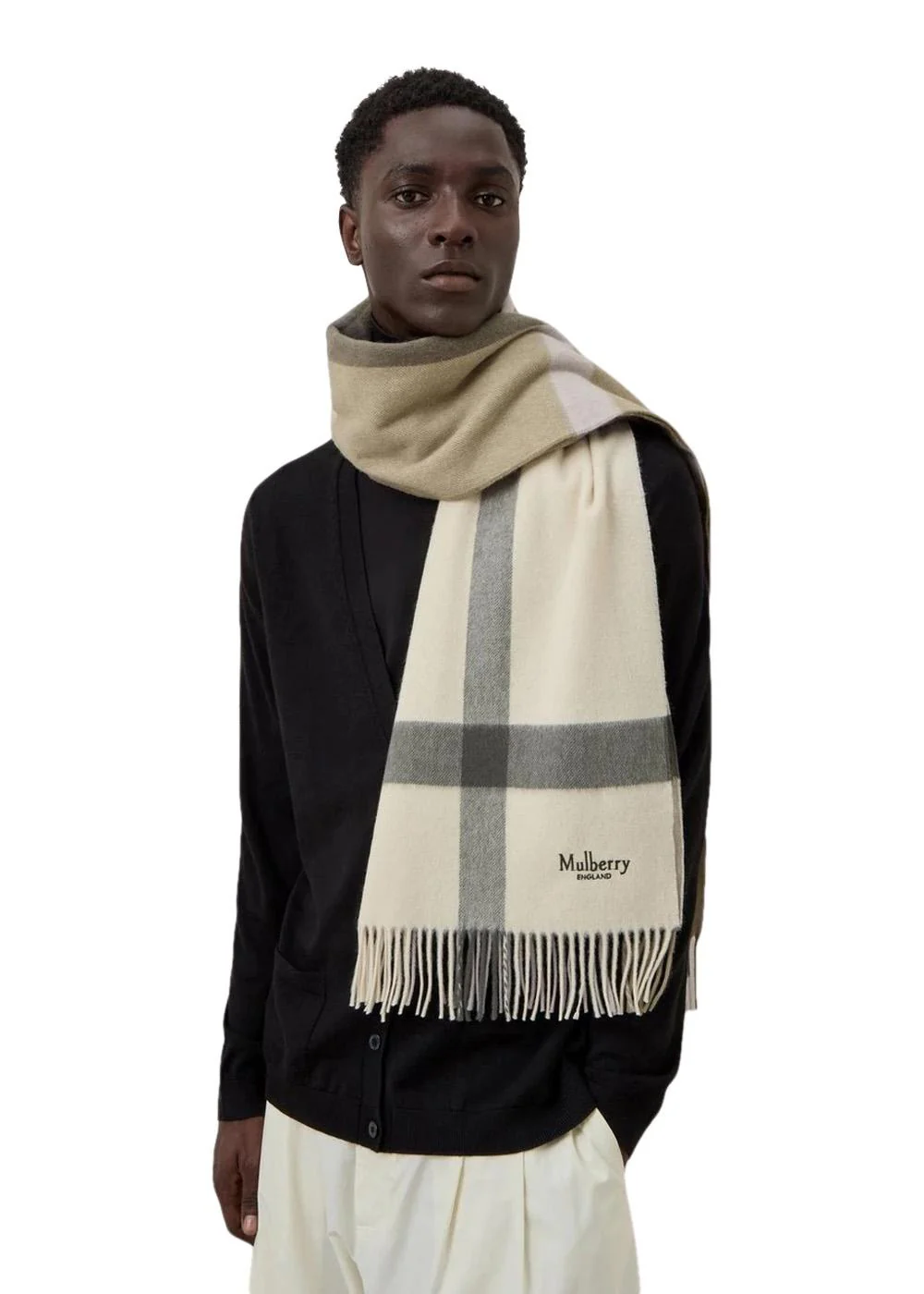 Large Check Merino Wool Scarf 70 x 200 - Eggshell-Olive - Image 2