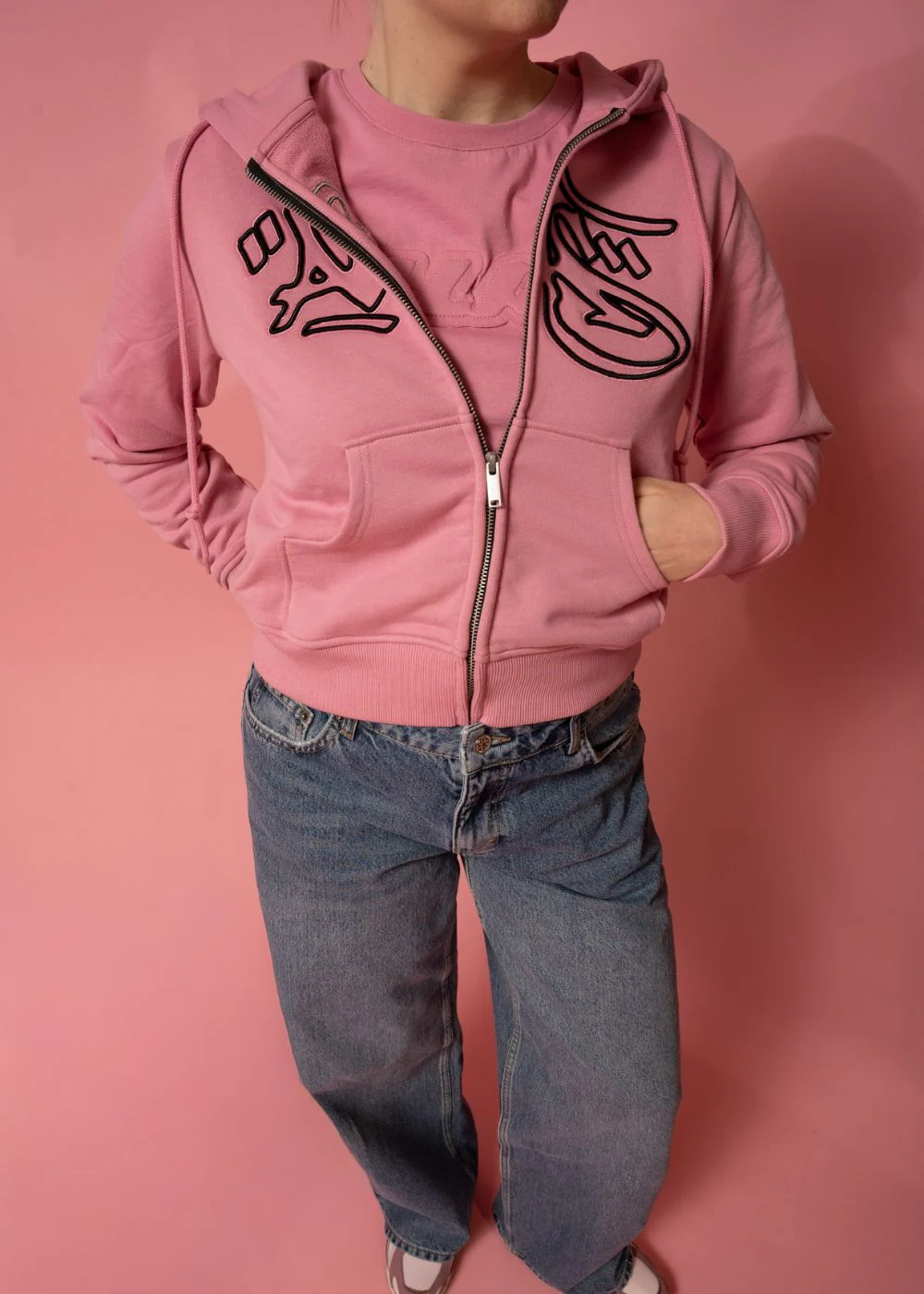 LAUREN TIGHT FIT HOODIE W/ EMBROIDERY - Solid Pink - Image 2