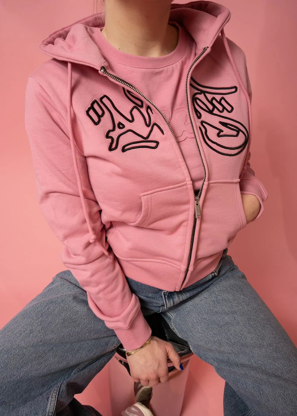LAUREN TIGHT FIT HOODIE W/ EMBROIDERY - Solid Pink - Image 3