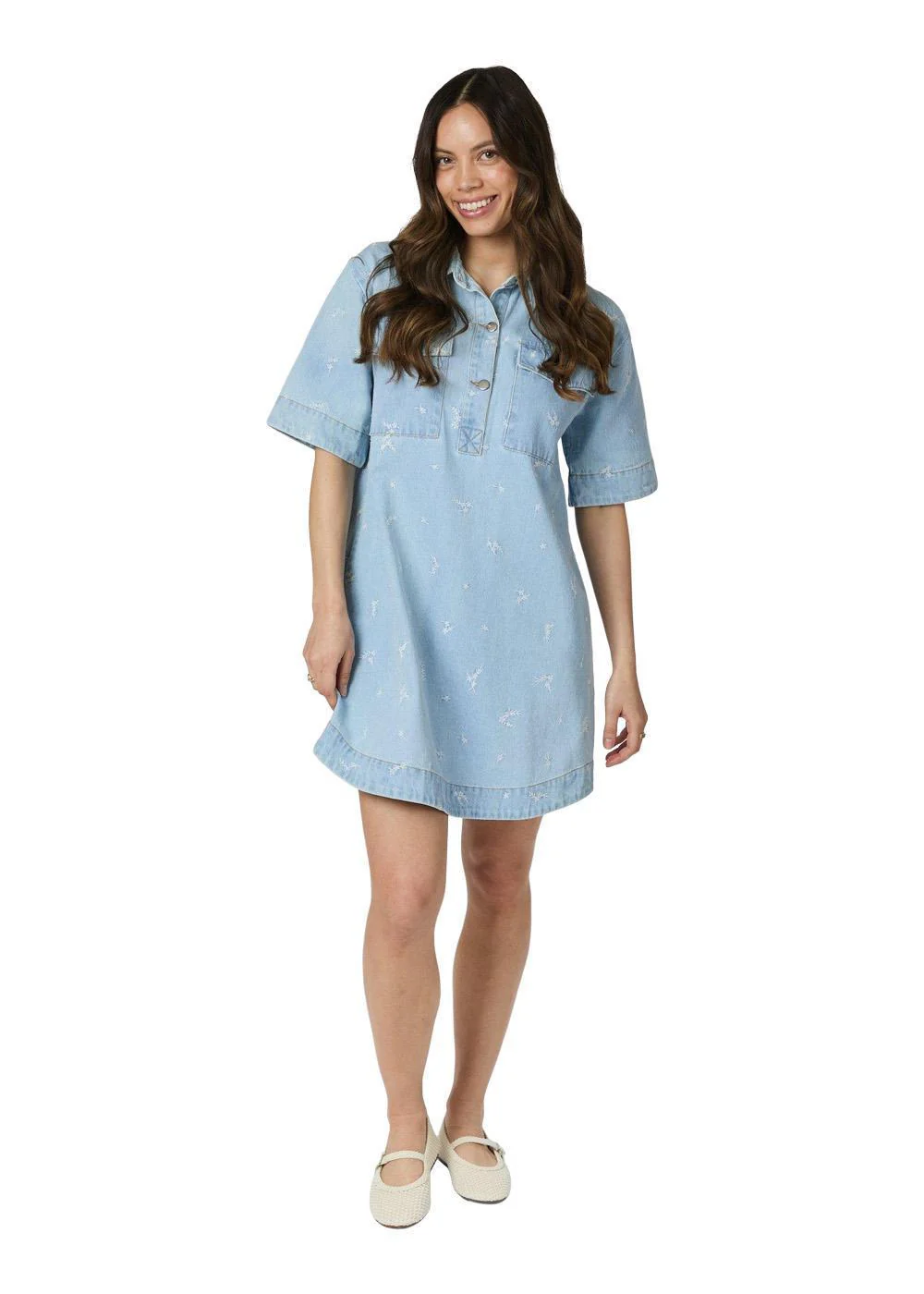 Saras Denim Emb Dress - Light Blue - Image 3