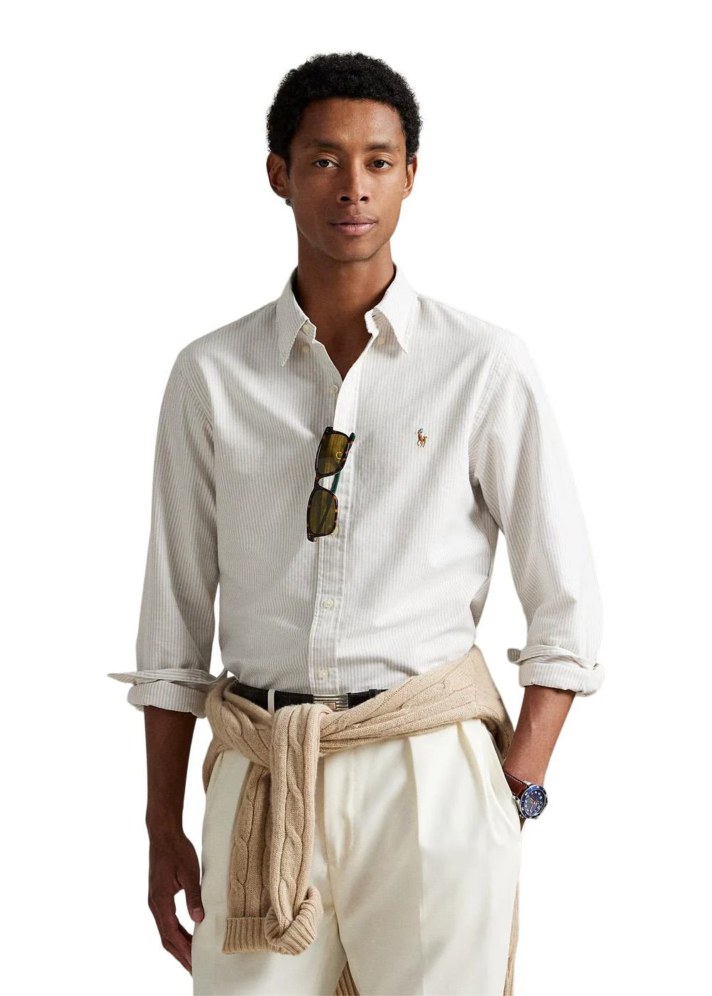 Slim Fit Striped Oxford Shirt - Coastel Beige/White - Image 2