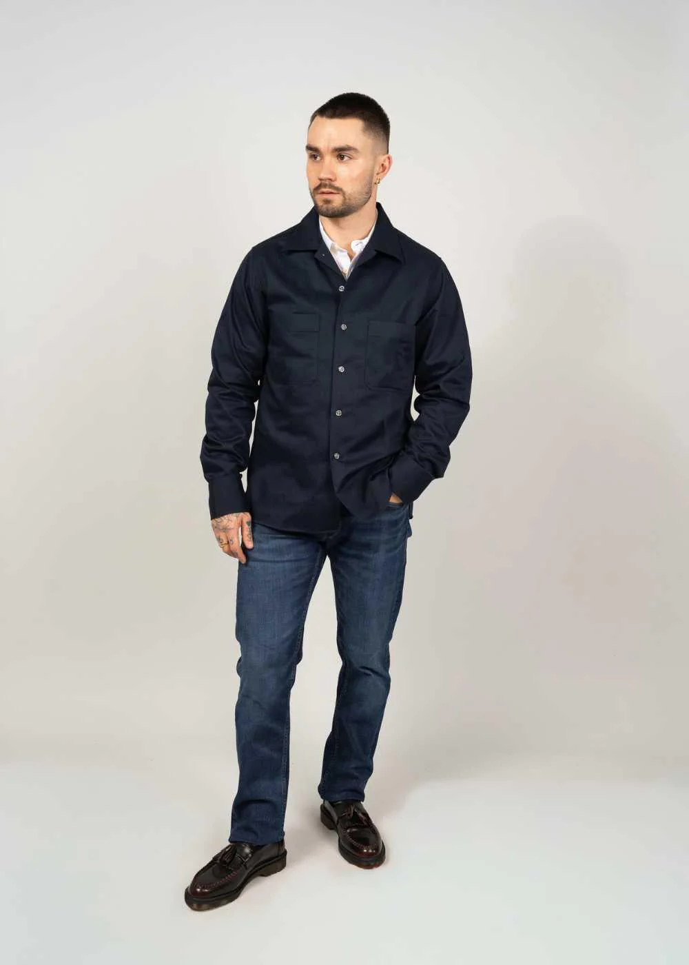 Straight Fit Bowling Collar Shirt - Navy - Image 2