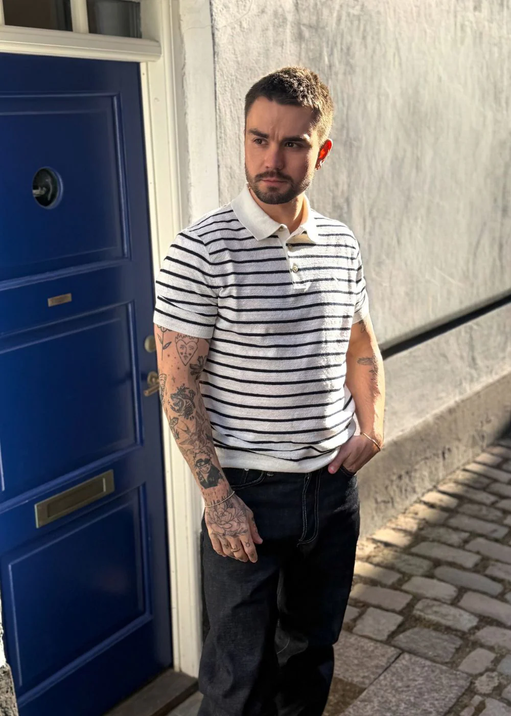 Striped Cotton Polo Sweater - White - Image 3