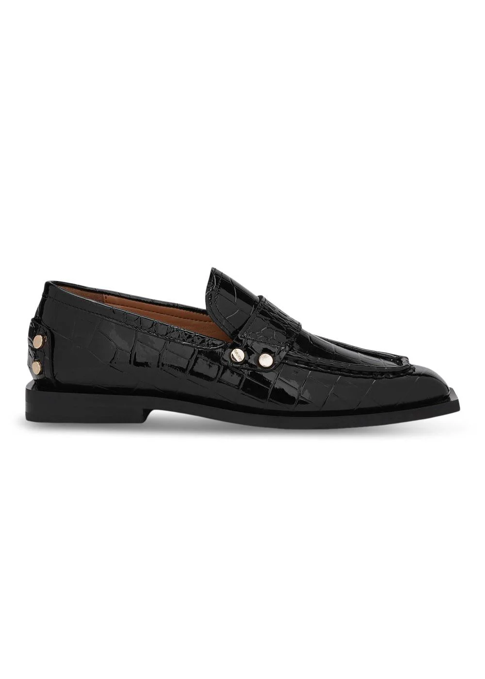 Studs Square Toe Loafer Shiny Croco - Black