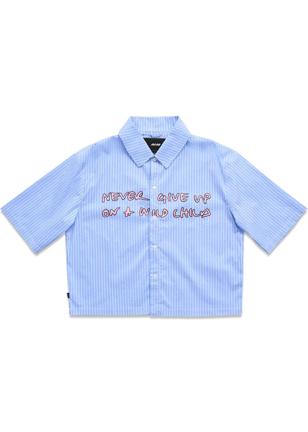 THEOTIS CROPPED SHORT SLEEVE SHIRT W/ CHEST PRINT - White & Blue Stripe