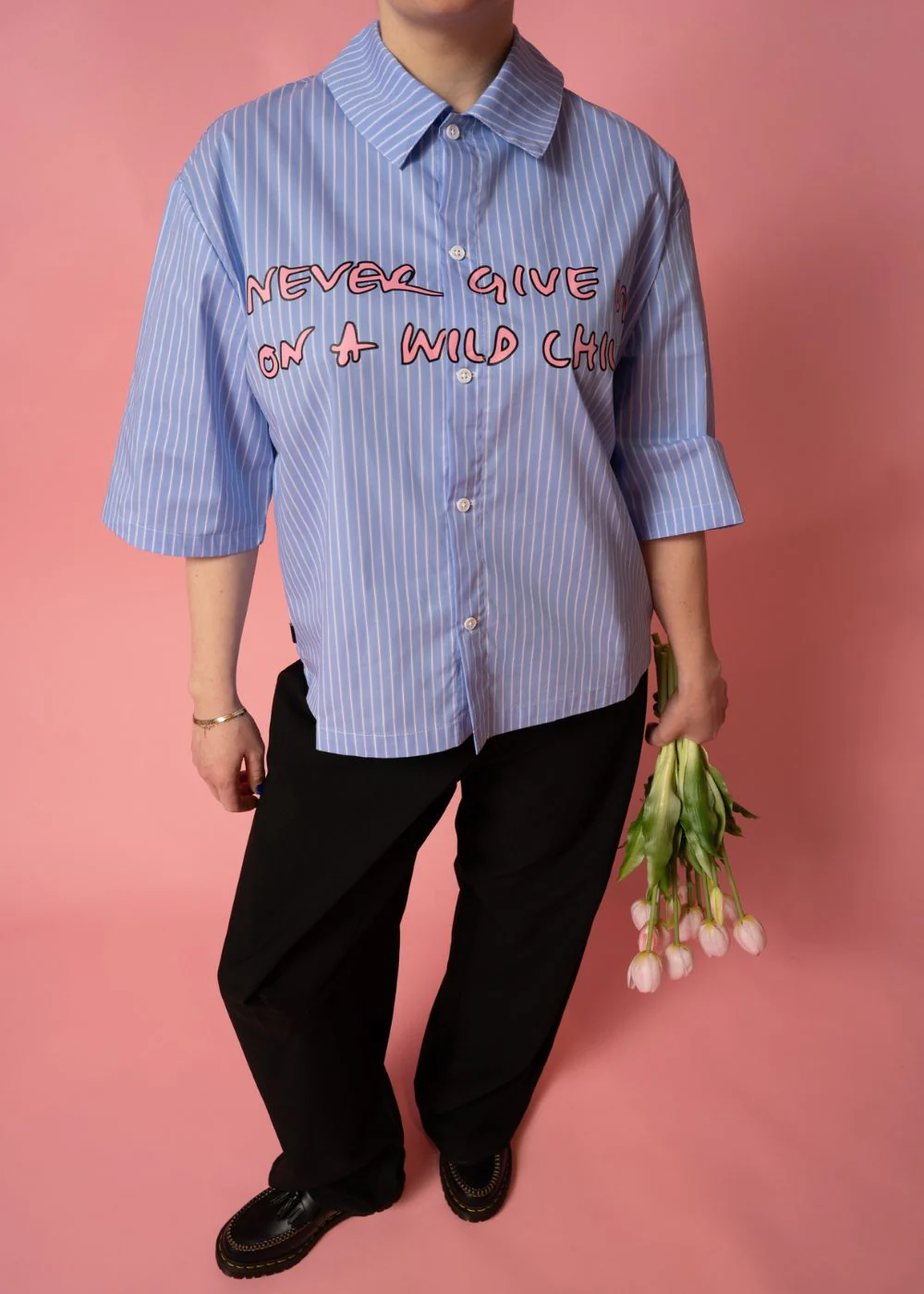 THEOTIS CROPPED SHORT SLEEVE SHIRT W/ CHEST PRINT - White & Blue Stripe - Image 3