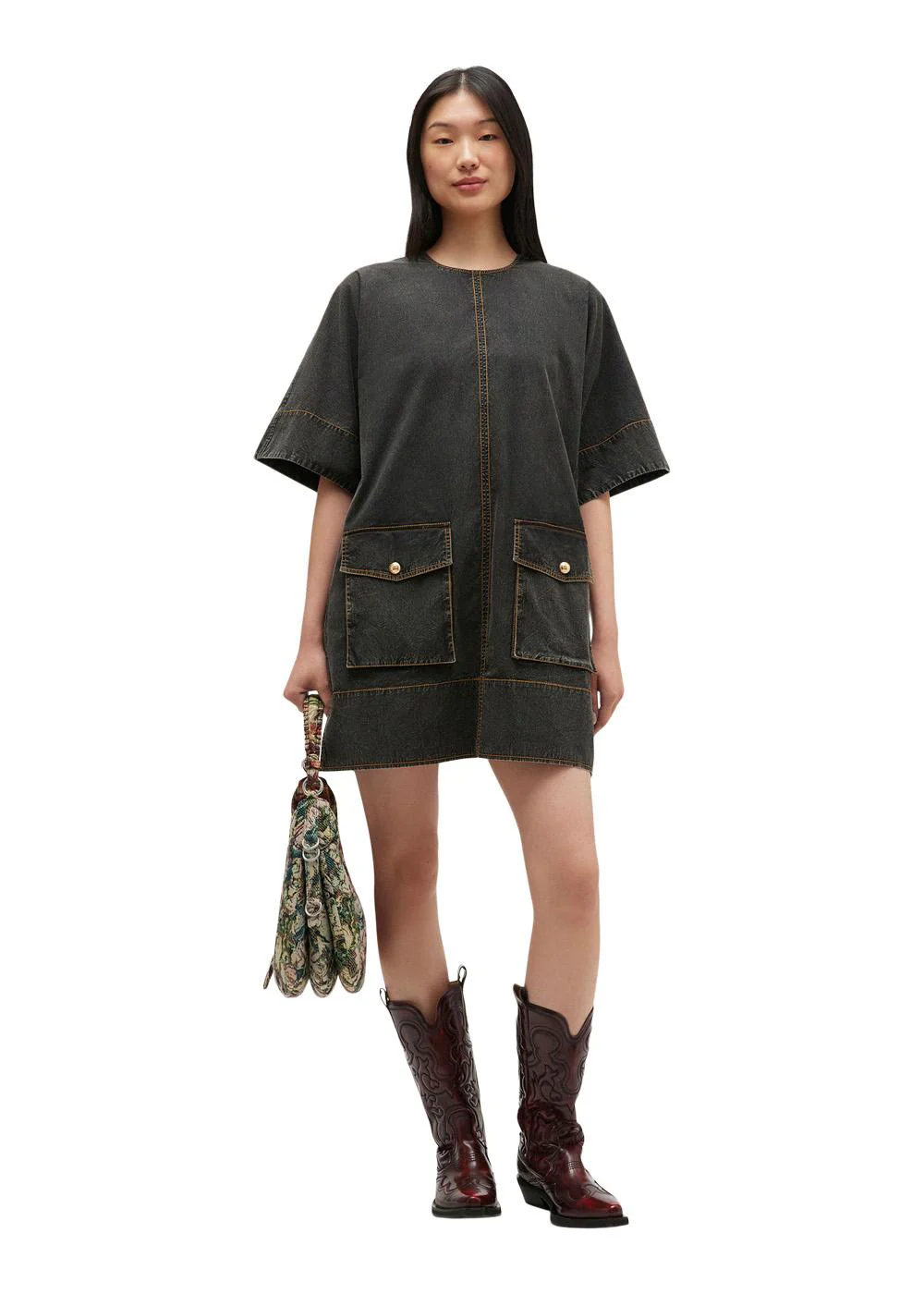 Washed Stretch Cotton Boxy Kimono Mini Dress - Black - Image 2
