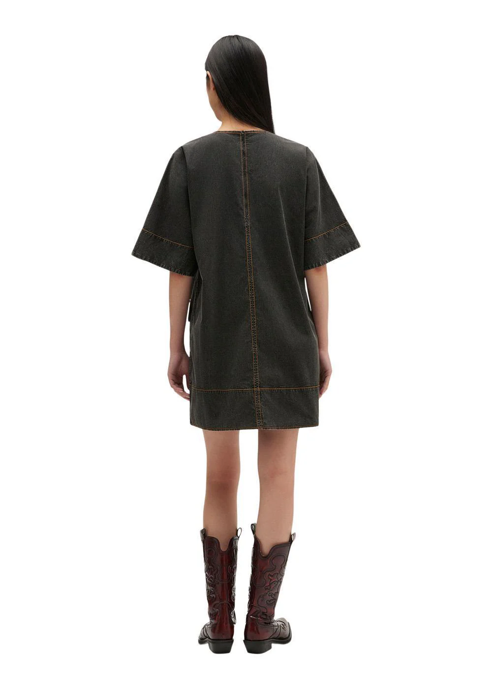 Washed Stretch Cotton Boxy Kimono Mini Dress - Black - Image 3