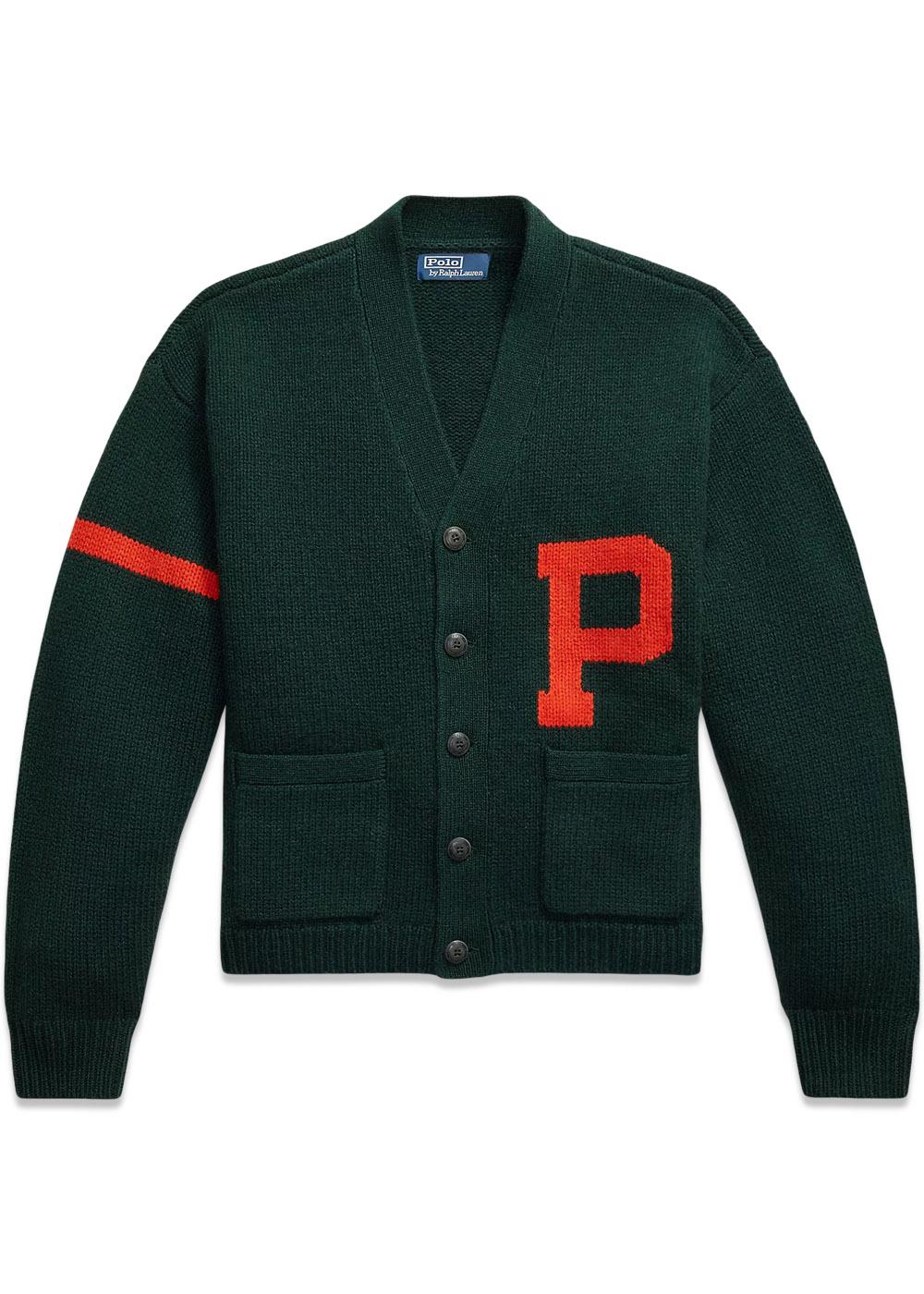 Wool V-Neck Letter Cardigan - Moss Green