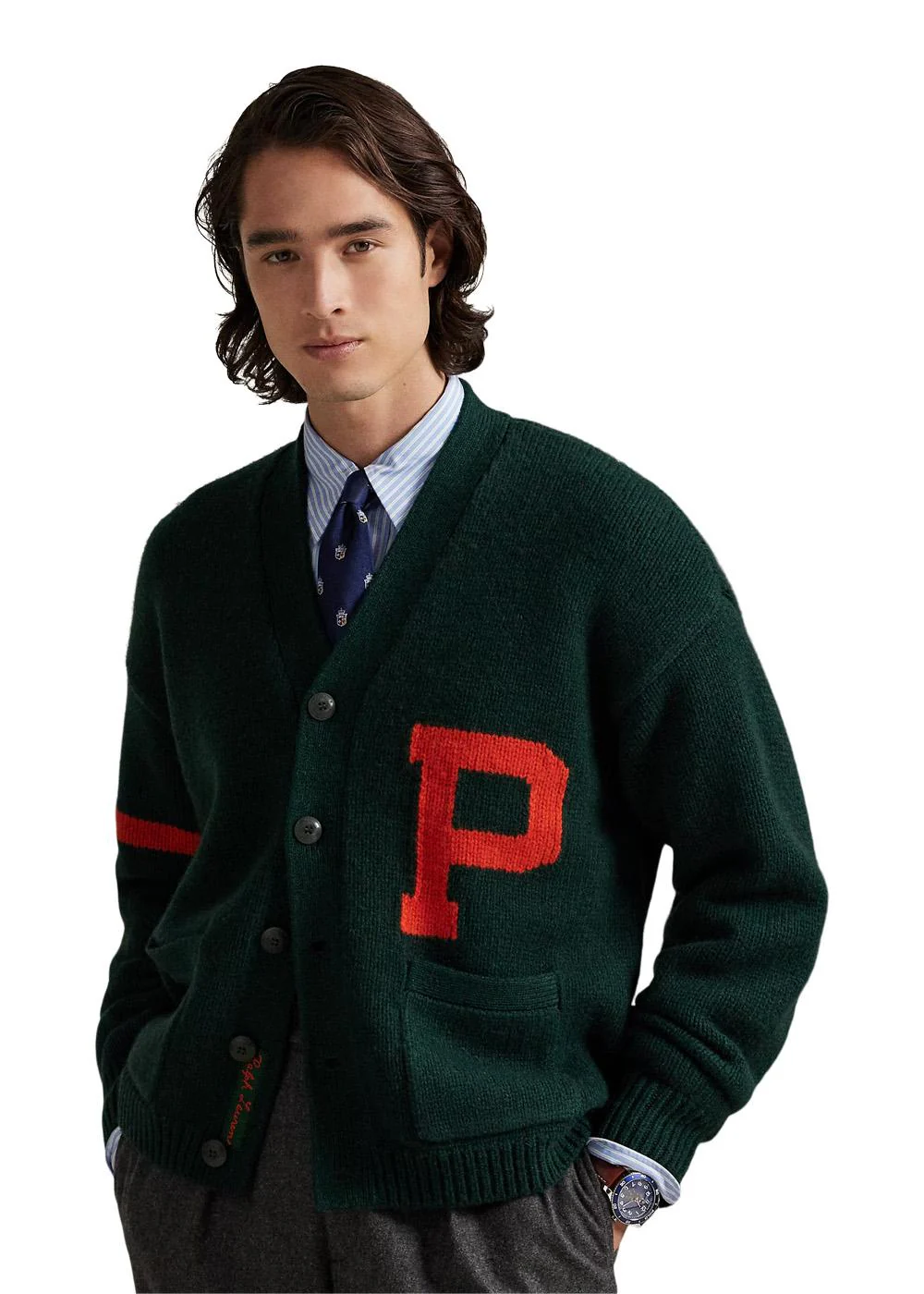Wool V-Neck Letter Cardigan - Moss Green - Image 3