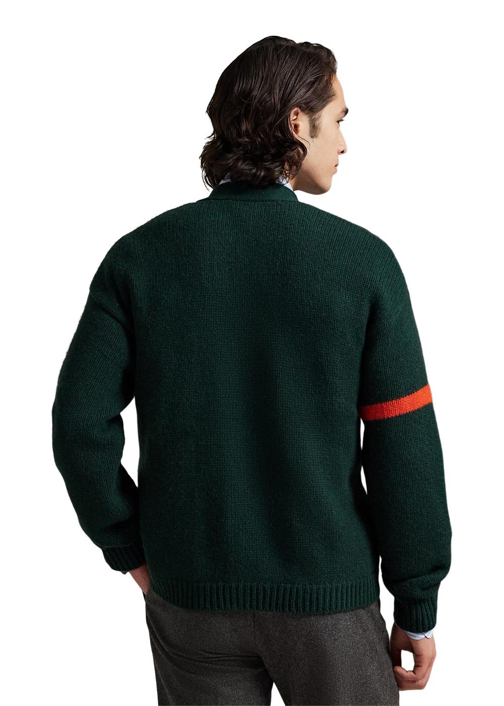 Wool V-Neck Letter Cardigan - Moss Green - Image 4