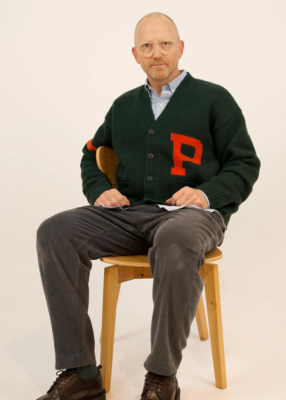 Wool V-Neck Letter Cardigan - Moss Green - Image 6