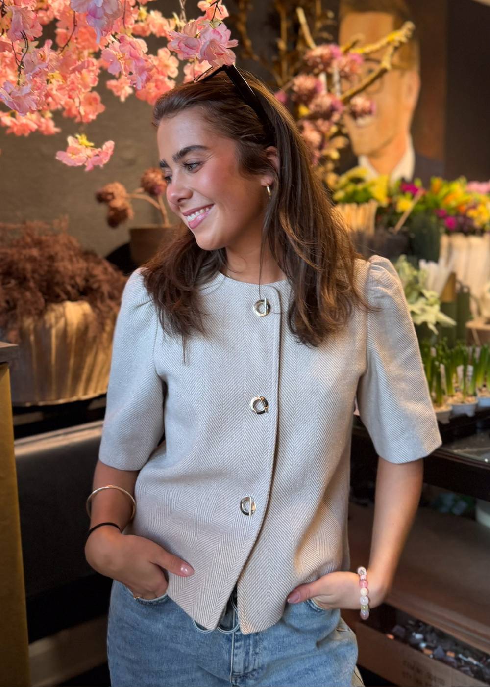 Xanthe Light Herringbone Blazer - Sand - Image 5